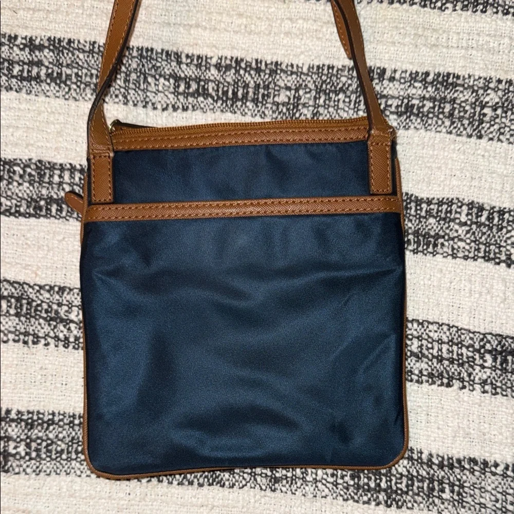 Michael Kors blue & tan nylon & leather crossbody compact travel pockets purse